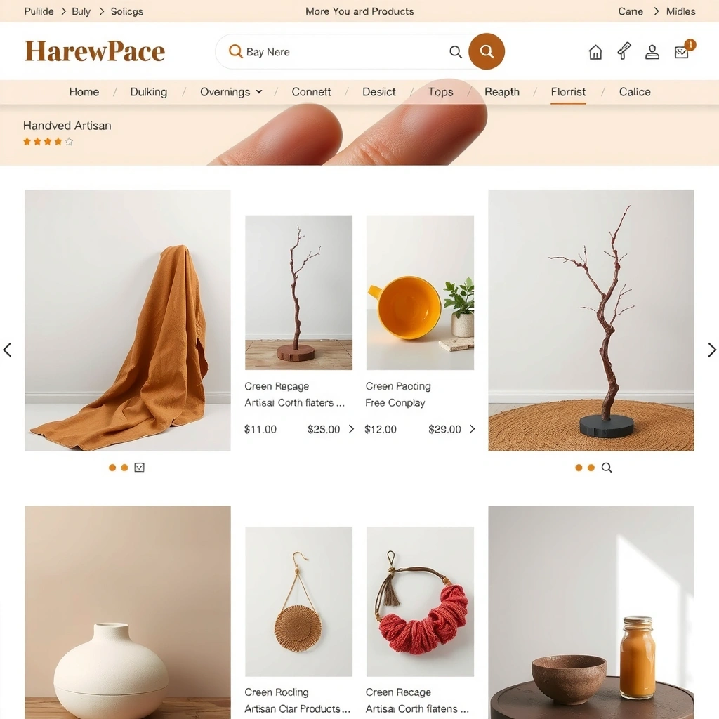 Artisan Marketplace showing product grid with handmade items, search filters, and shopping cart interface