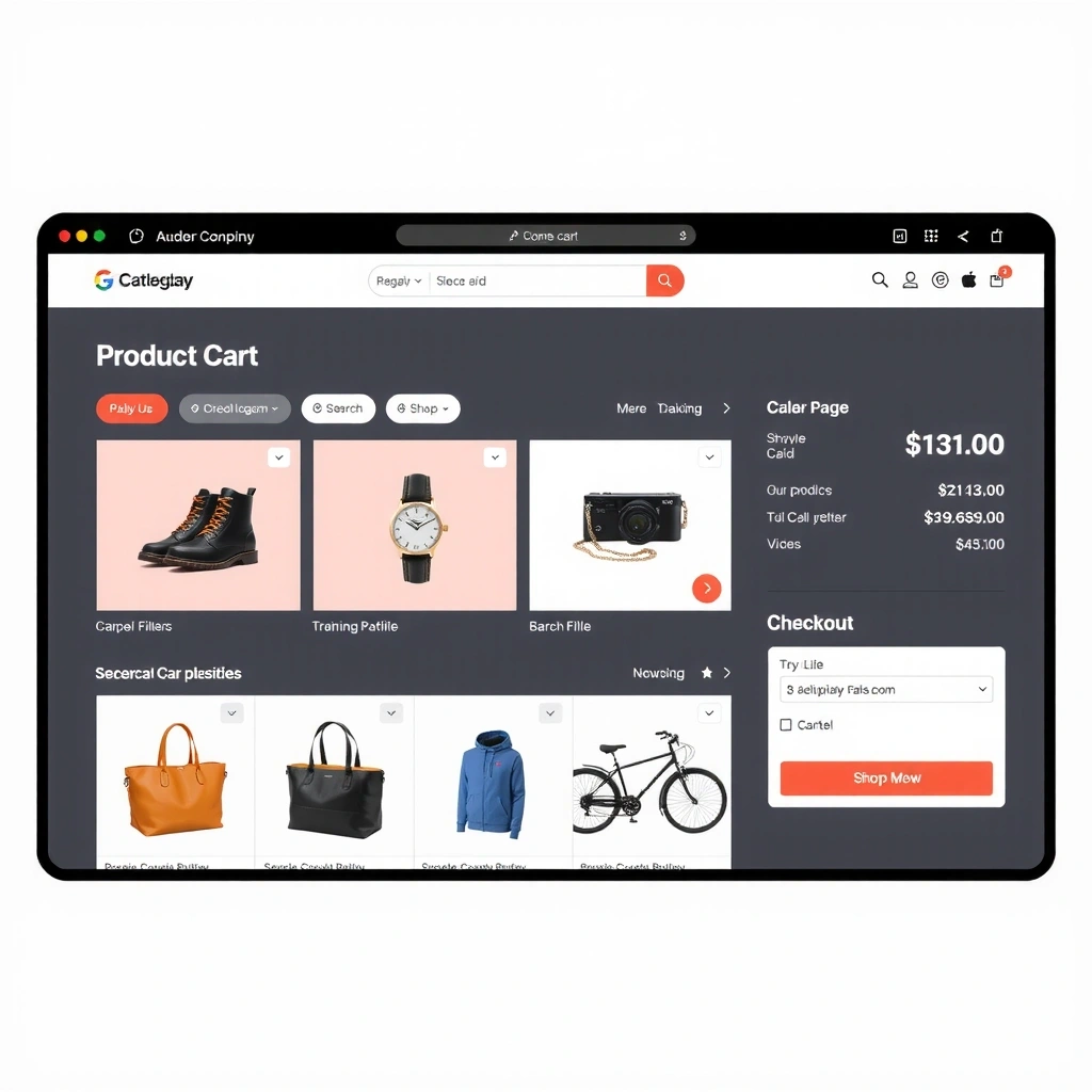 E-commerce website showing product catalog, shopping cart, and checkout interface