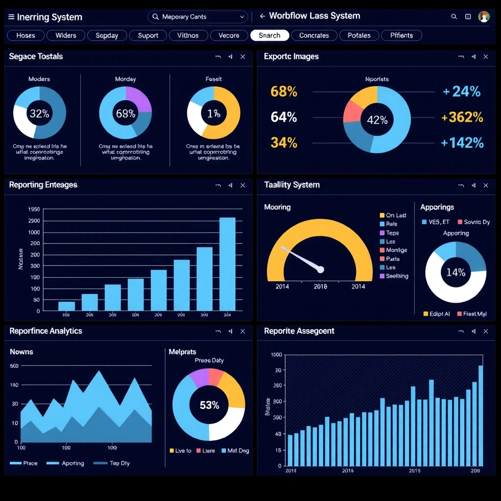 Enterprise system interface showing complex data management, reporting dashboards, and business workflow tools