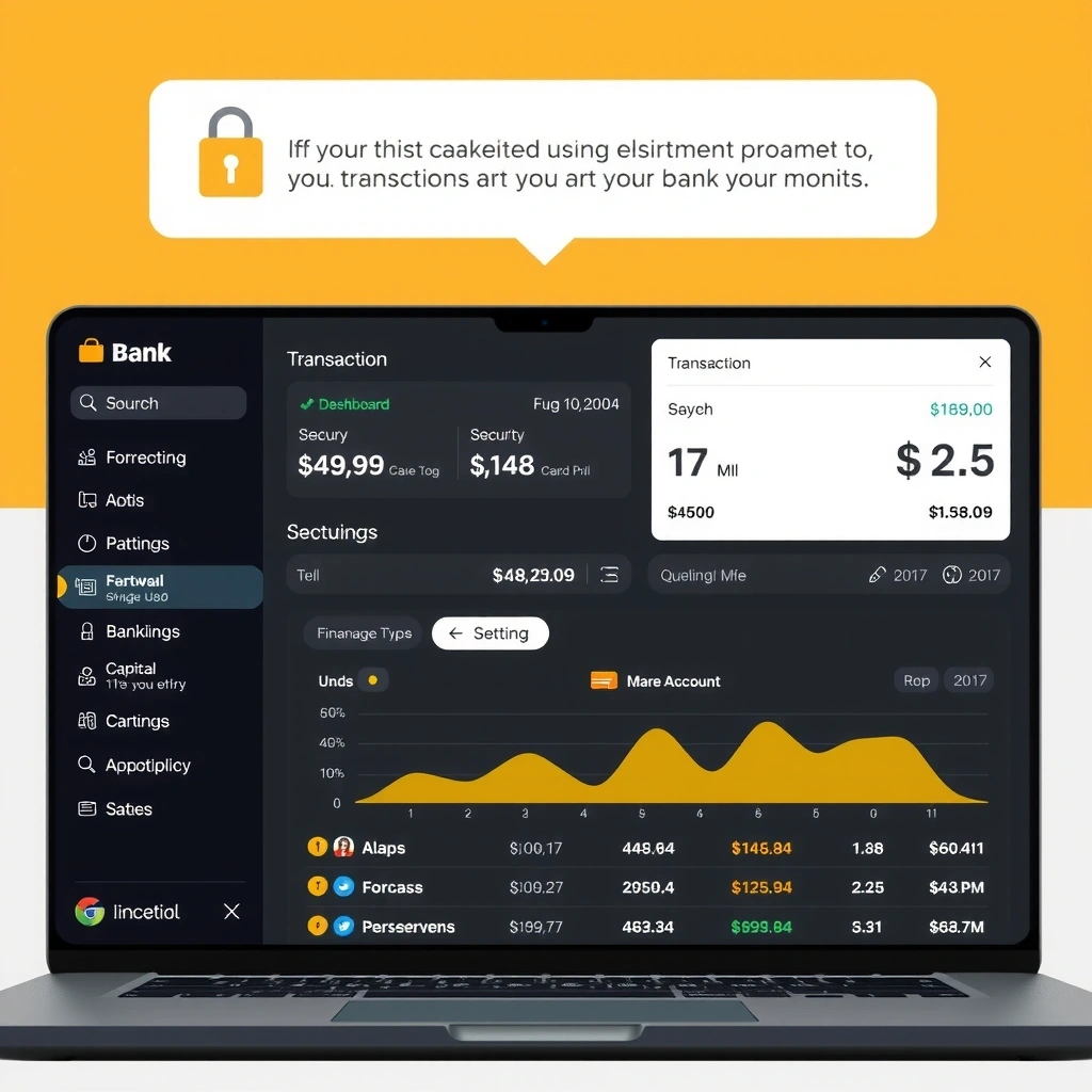 FinTech platform interface showing banking dashboard with transaction history, account management, and security features